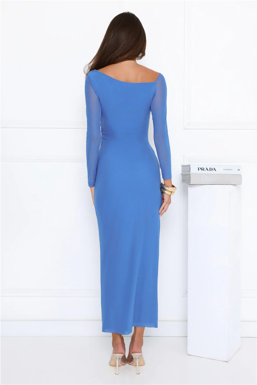 Neon Nights Out Mesh Long Sleeve Midi Dress Blue