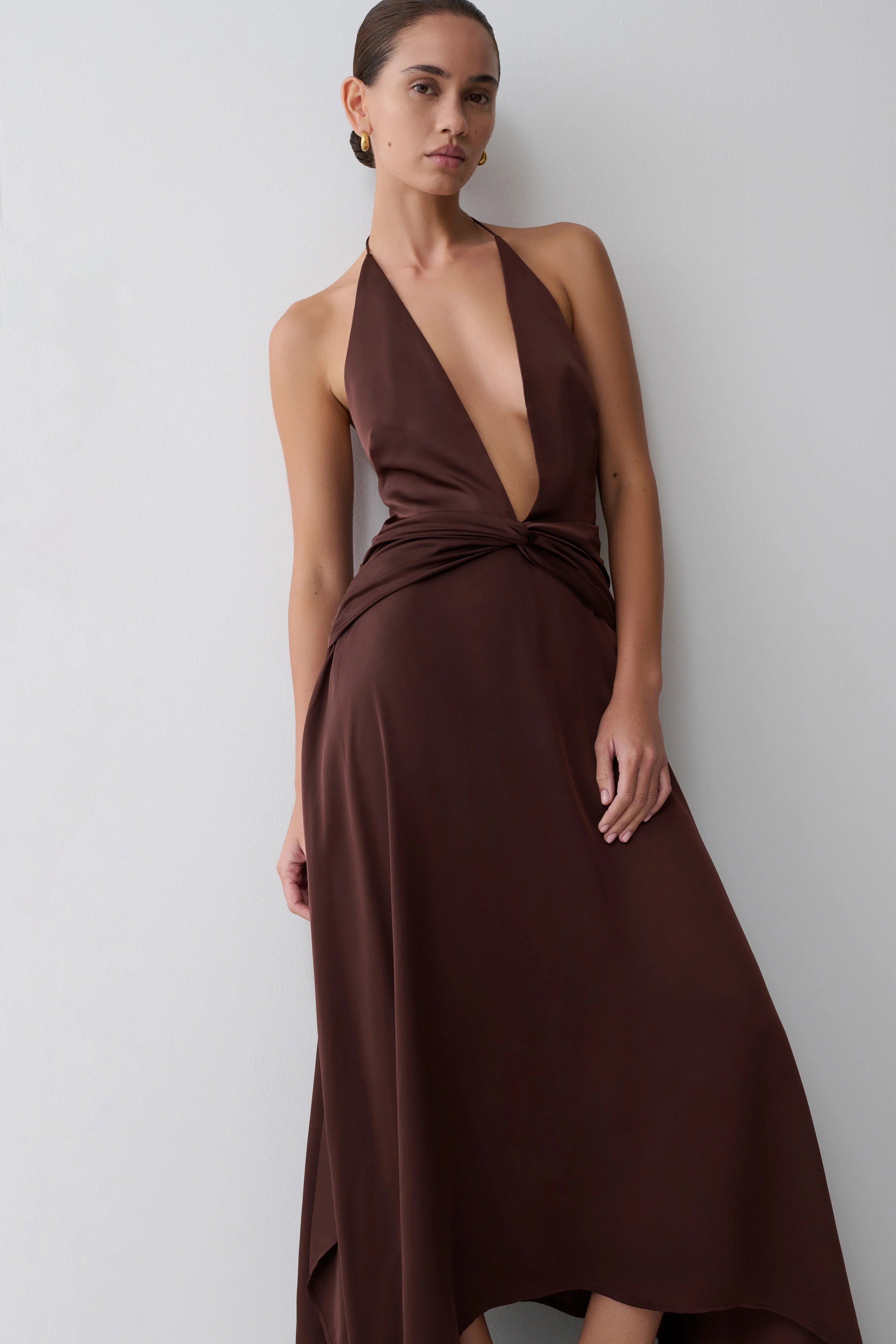 Cyra Plunge Satin Midi Dress - Dark Chocolate