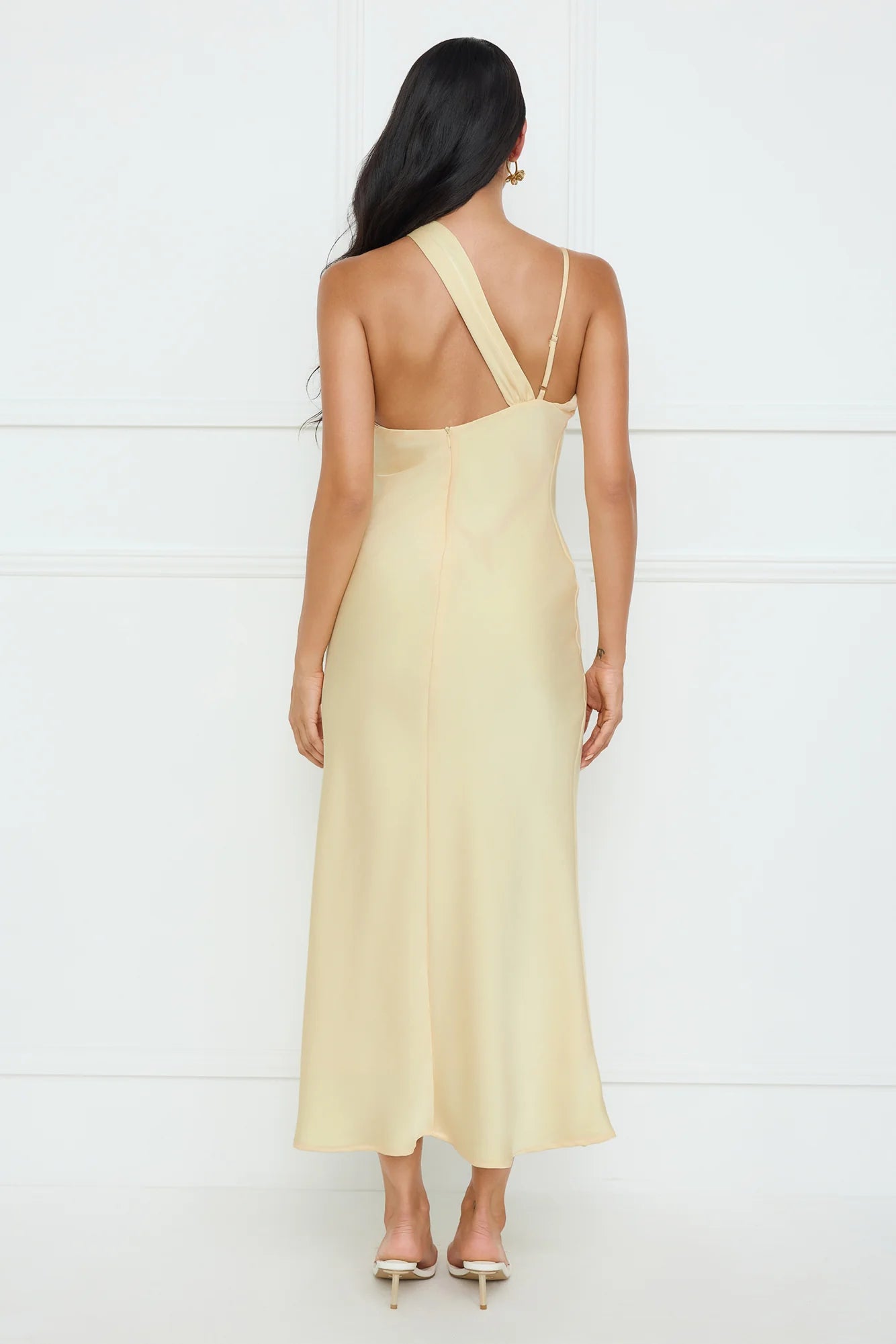 WHISPERING PALMS SATIN MIDI DRESS YELLOW