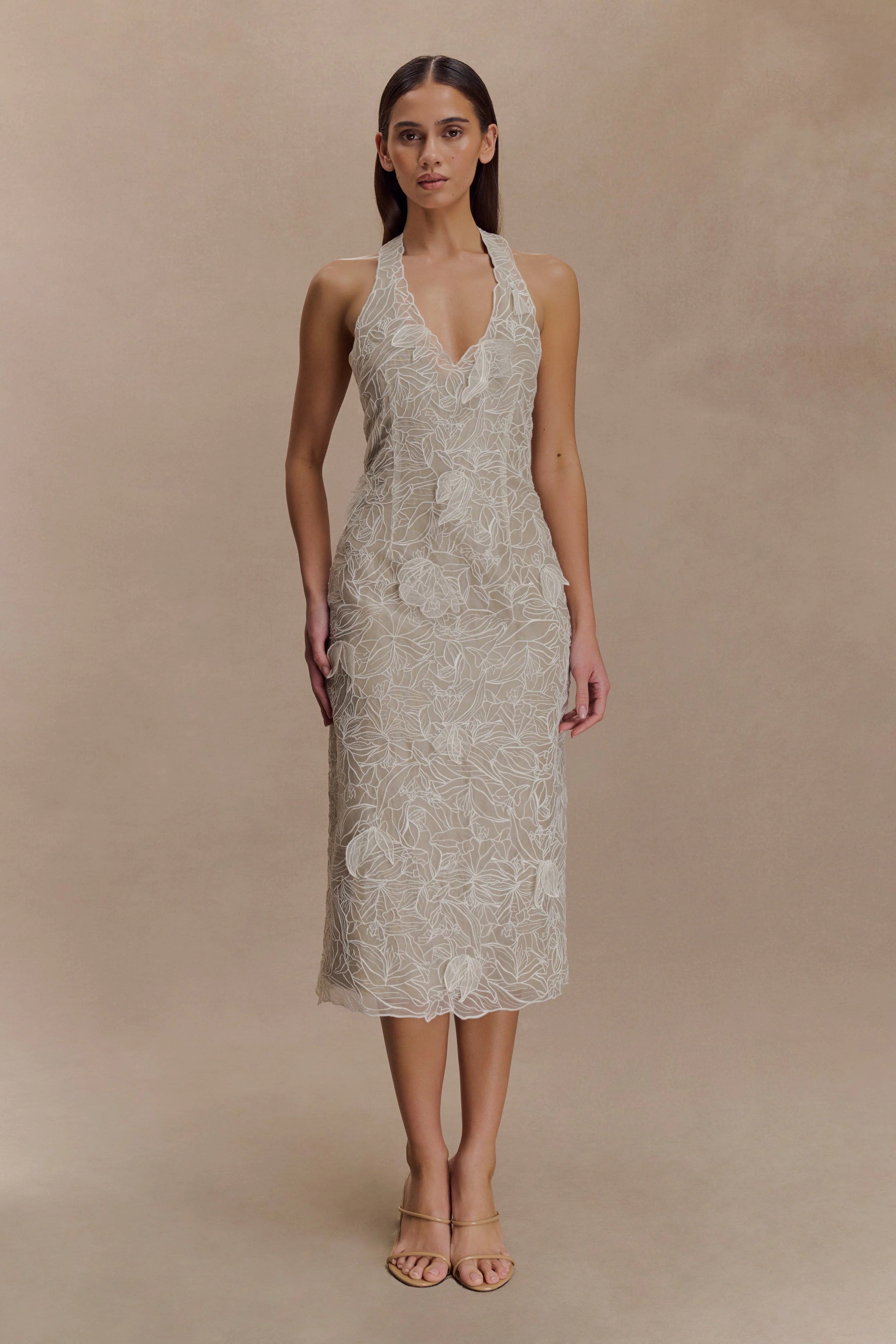 Lenore Silk Lace Halter Midi Dress - Ivory